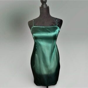 PrettyLittleThing Emerald Satin Straight Neck Bodycon Mini Dress NWT